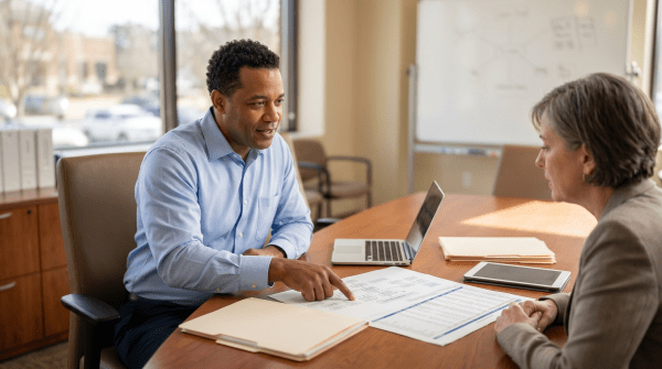 Exit planning consultant advising a business owner on succession and business transition strategies