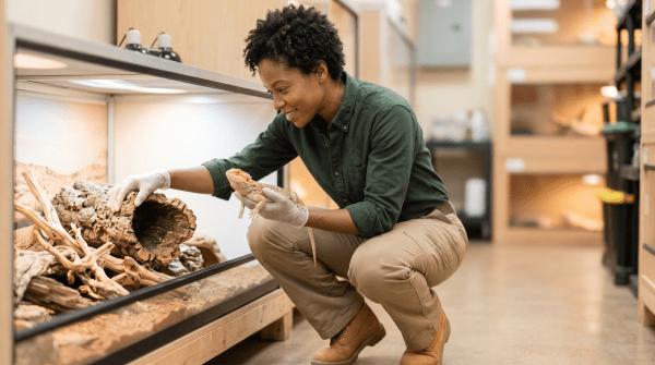 Exotic animal boarding owner caring for exotic pets at an animal boarding business
