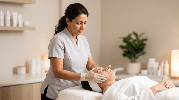 Facial spa esthetician performing a treatment on a relaxed client