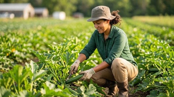 Family vegetable farm owner tending crops on a small family farming business