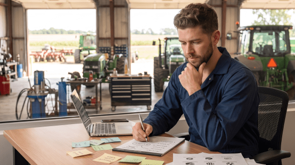 Farm equipment business owner brainstorming business name ideas