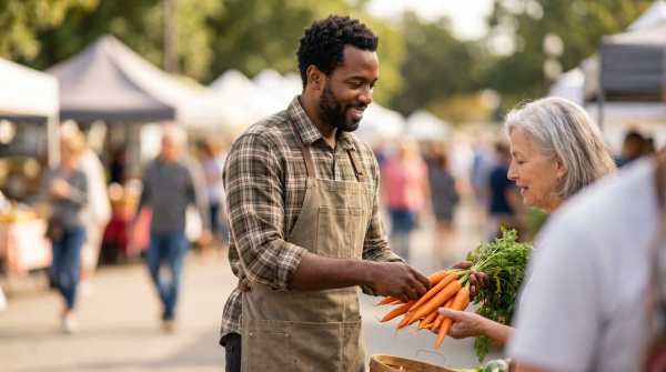 Farmers market vendor selling fresh produce from a local farm and produce business