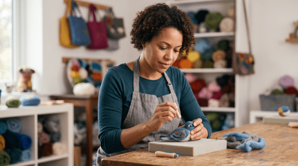 Felting studio owner shaping wool fibers into a craft piece