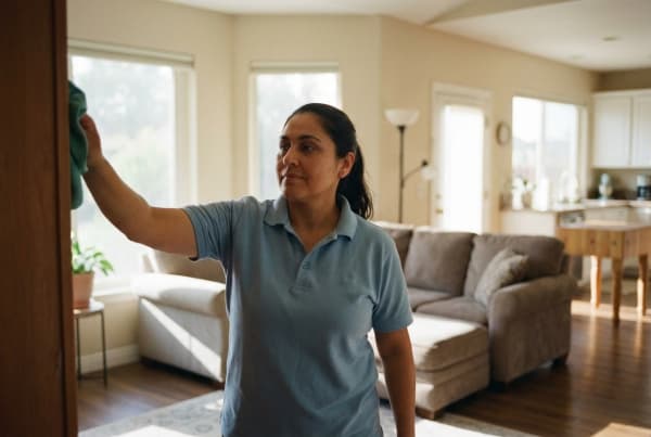 Female residential cleaning service professional cleaning a client's home