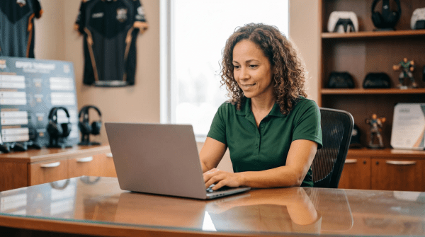 Female gaming business owner registering a video gaming business as an LLC on a computer