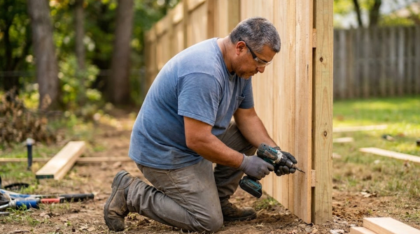Fencing contractor installing a fence for a residential fencing and outdoor construction business