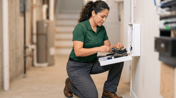 Fiber optic installation business owner installing fiber optic cabling