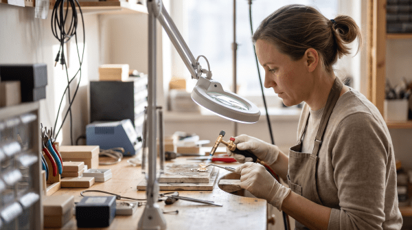 Fine jewelry maker inspecting a gemstone piece at a workbench