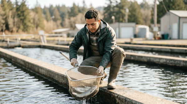 Fish farm owner managing a sustainable aquaculture and commercial fish farming business