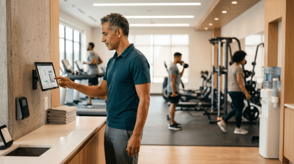 Independent fitness center business owner talking to client