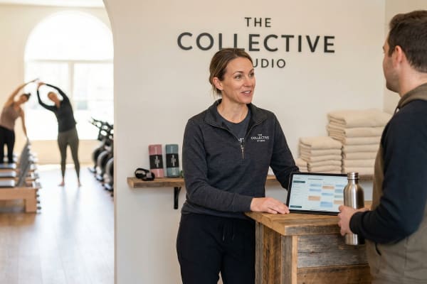 Independent fitness center business owner talking to client