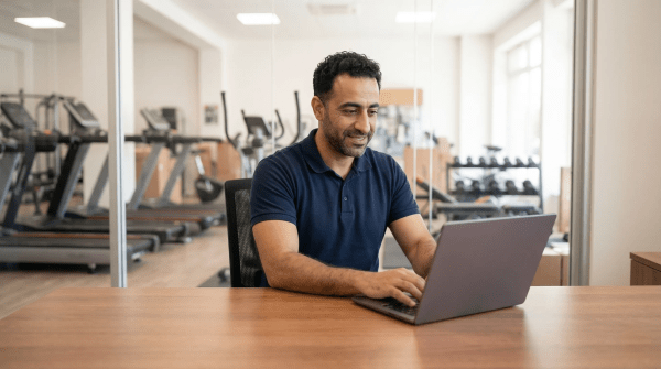 Fitness equipment business owner registering a fitness business as an LLC on laptop