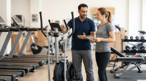 Fitness equipment retail business owner helping a client select the right exercise equipment