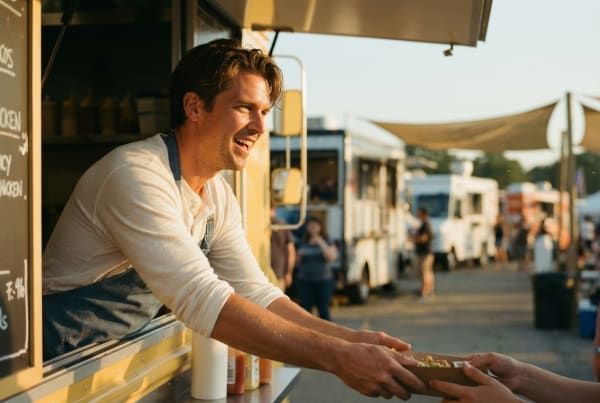 Food truck business owner serving customers at a busy outdoor food truck event