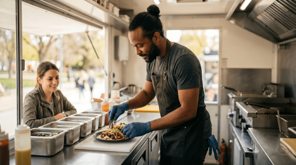 Food truck business owner serving customers at a busy outdoor food truck event