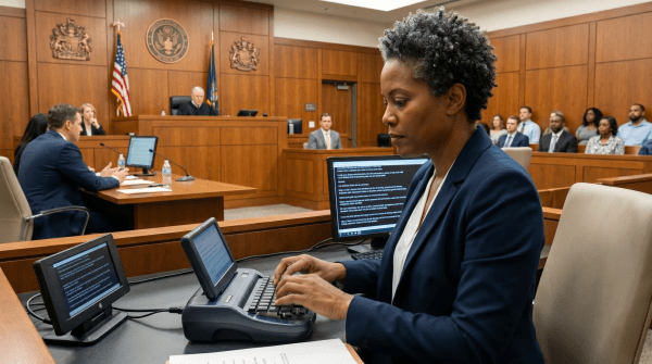 Freelance court reporter transcribing testimony during a legal proceeding in a courtroom setting