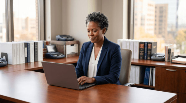 Freelance court reporter registering a court reporting business as an LLC from desk