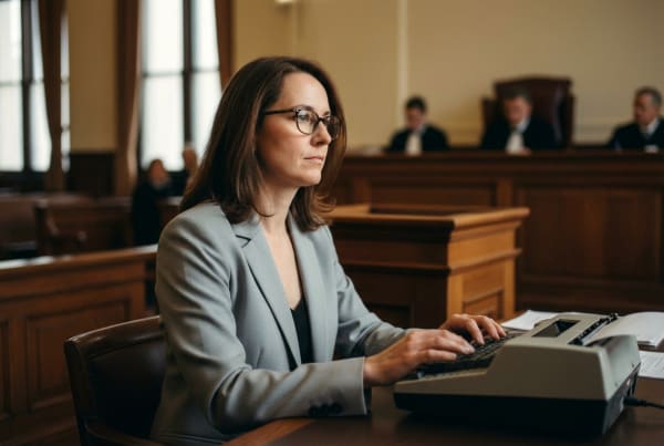 Freelance court reporter transcribing testimony during a legal proceeding in a courtroom setting