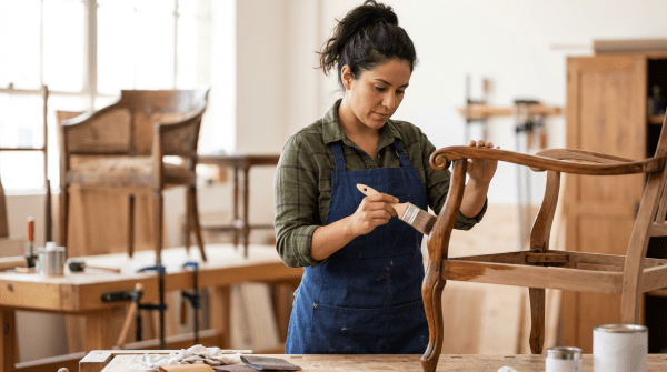 Furniture restoration specialist restoring an antique piece for a furniture repair and restoration business