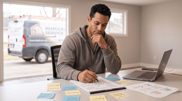 Garage conversion owner brainstorming business name ideas