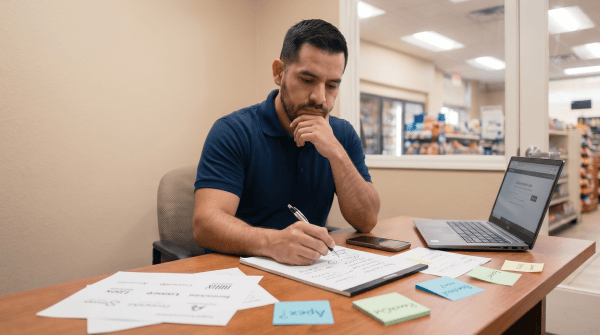 Gas station owner brainstorming LLC name ideas for a convenience store business
