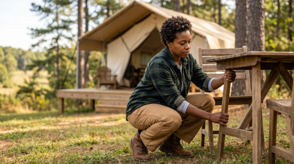 Glamping resort owner preparing luxury camping accommodations for guests