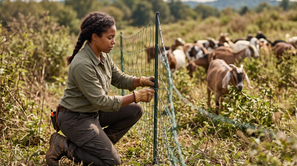 Goat landscaping business owner tending goats clearing brush on a hillside
