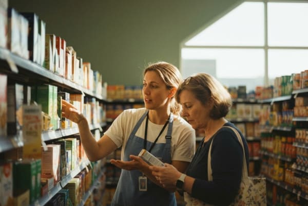 Grocery store employee ringing up and checking out a customer at the register