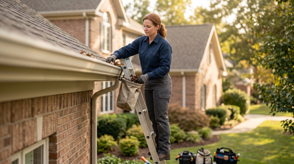 Gutter cleaning technician removing debris and clearing gutters on a residential home