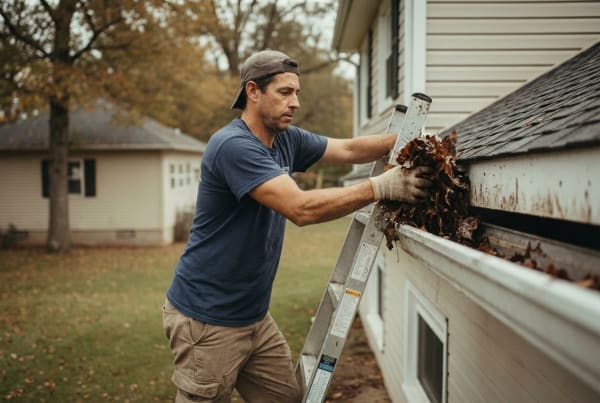 Gutter cleaning technician removing debris and clearing gutters on a residential home