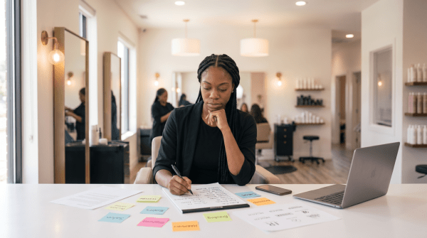 Hair extensions studio owner brainstorming business name ideas