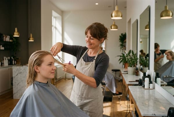 Hair salon business owner styling a client's hair in a professional salon