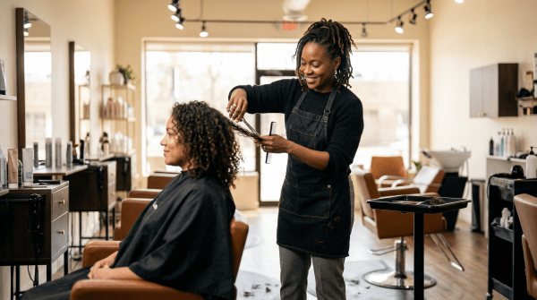 Hair salon business owner styling a client's hair in a professional salon
