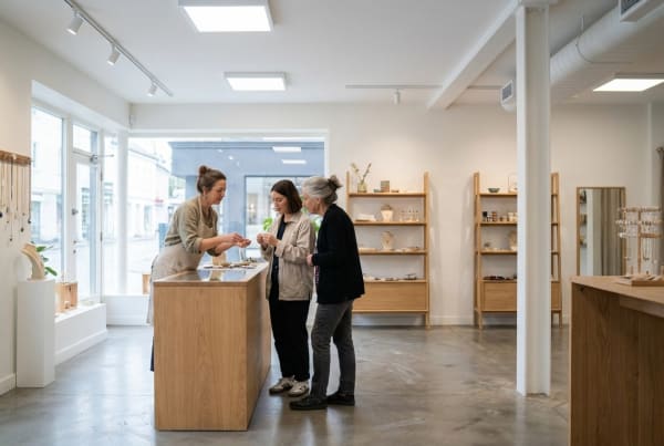 Handmade jewelry and accessories store owner showcasing unique pieces to customers in-store