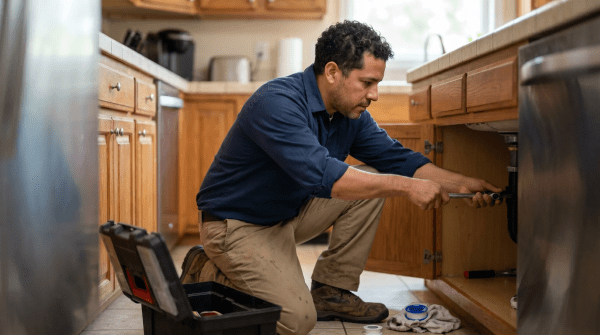 Handyman performing home repair and maintenance work at a residential job site