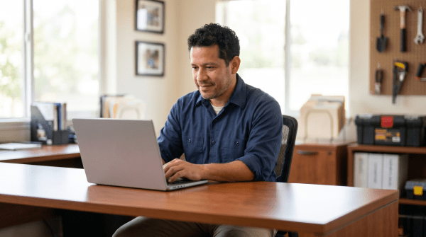 Handyman registering a handyman business as an LLC on a computer