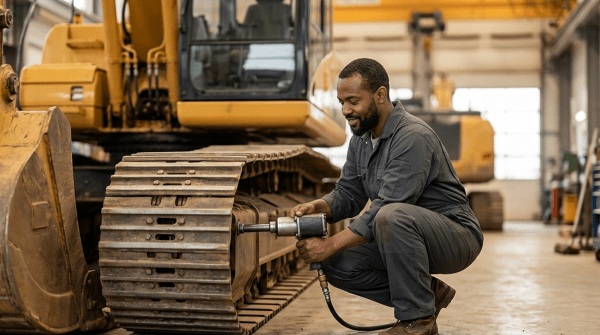 Heavy equipment repair technician servicing a large excavator on site