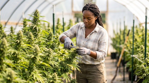 Hemp farm owner inspecting tall green hemp plants in an outdoor field