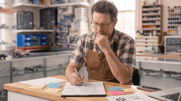 Hobby and model shop owner brainstorming business name ideas