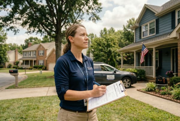 Home appraisal business owner inspecting and assessing a residential property on-site