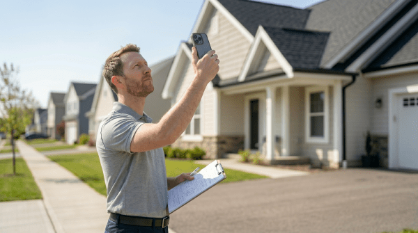 Home appraisal business owner inspecting and assessing a residential property on-site