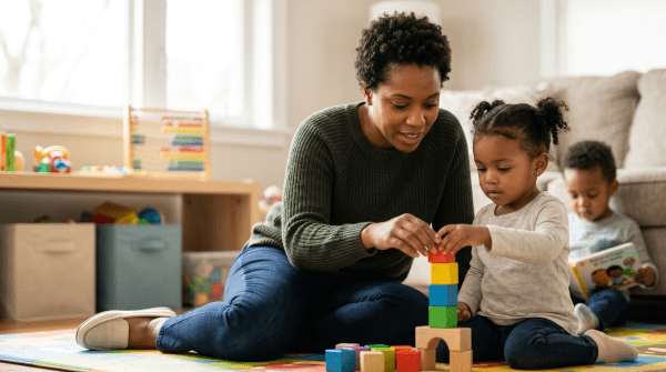 Home daycare owner caring for children at a licensed home daycare business