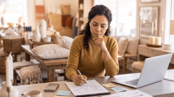Home decor store owner brainstorming business name ideas
