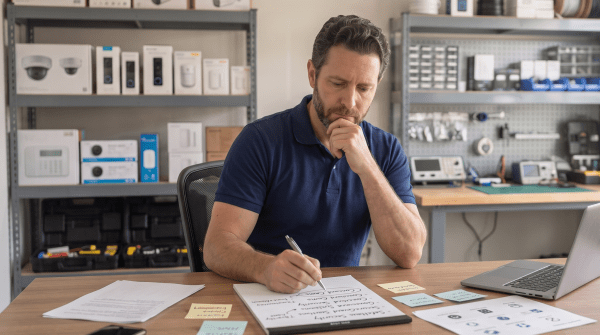 Home security installation service owner brainstorming business name ideas