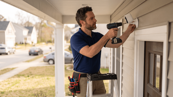 Home security installation service owner installing a home security system