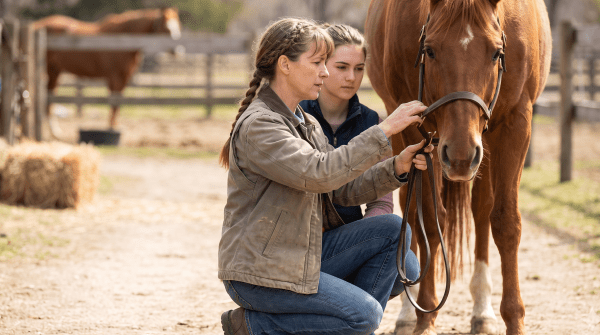 Horse lease program owner working with a horse outside a stable