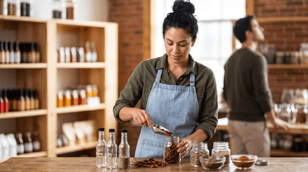 Hot sauce and spice store owner running a hot sauce and spice store
