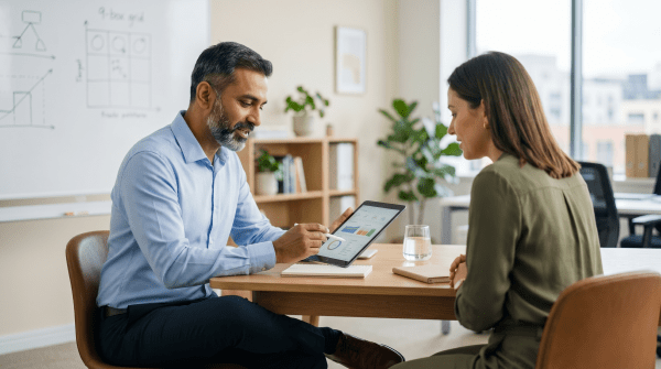 HR performance management consultant speaking with an employee about workplace development and goals