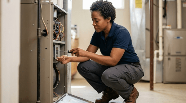 HVAC contractor installing an HVAC system for a heating and cooling services business