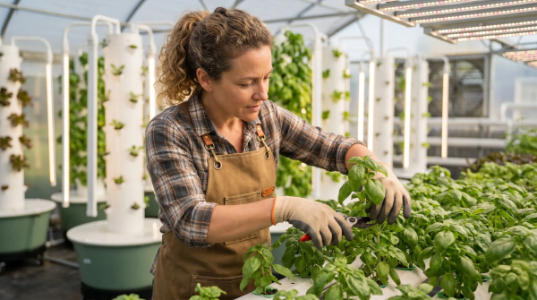 Hydroponic herb grower tending an indoor herb garden for a hydroponic farming business